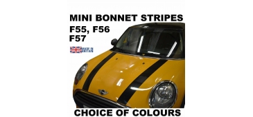 Mini Cooper F55, F56, F57 Vinyl Bonnet Stripes Graphics Pre-Cut to Exact Shape. Wide Variety of Colours