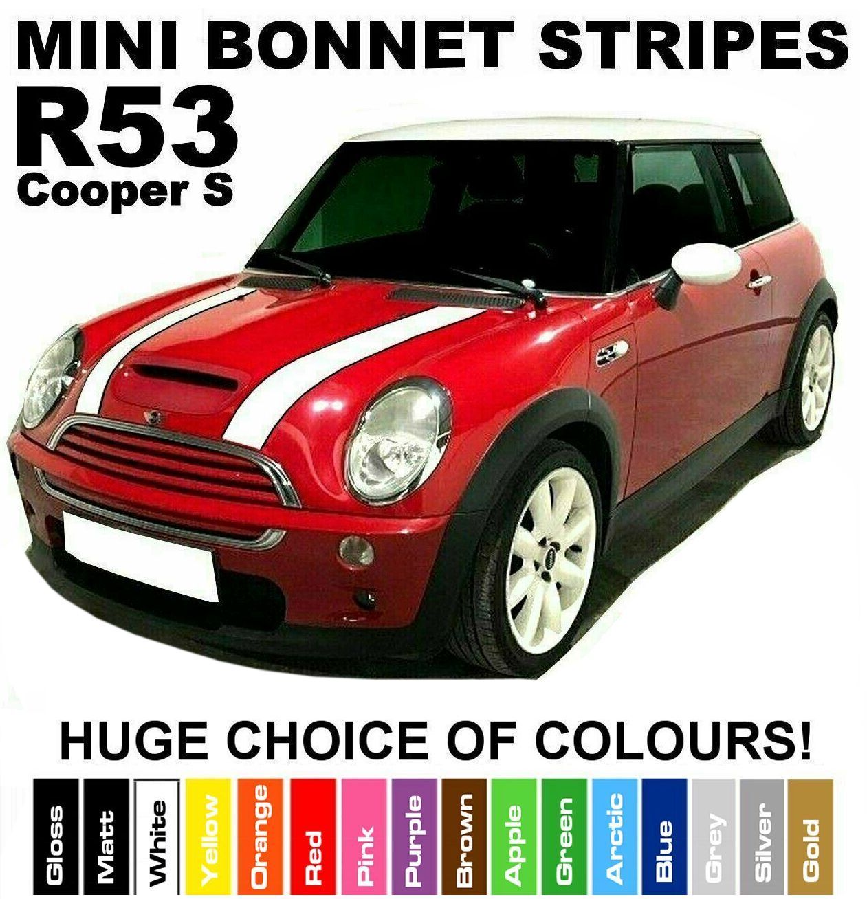 MINI R53 Cooper S Bonnet Vinyl Stripes Decal With Pinstripe to Outer Edge in a Wide Choice of Colours_1