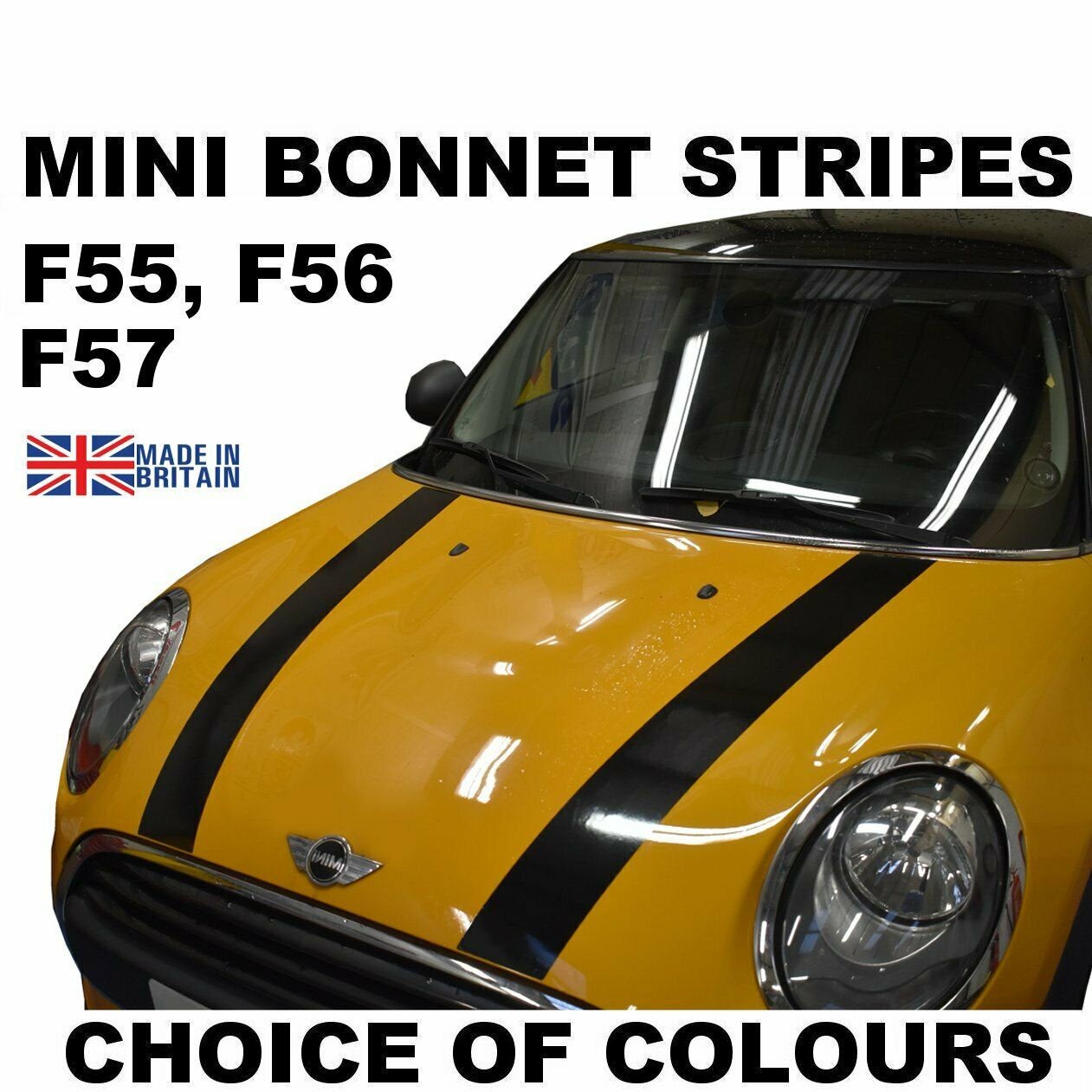 Mini Cooper F55, F56, F57 Vinyl Bonnet Stripes Graphics Pre-Cut to Exact Shape. Wide Variety of Colours_1