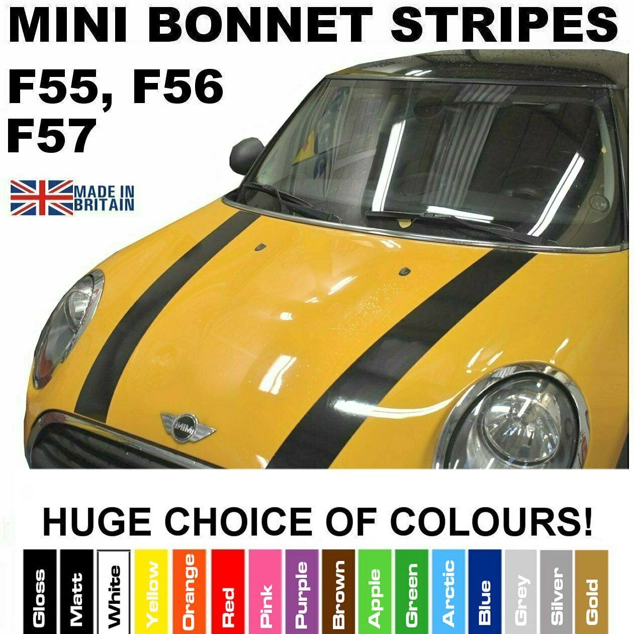 Mini Cooper F55, F56, F57 Vinyl Bonnet Stripes Graphics with Pinstripe in a Wide Choice of Colours_1