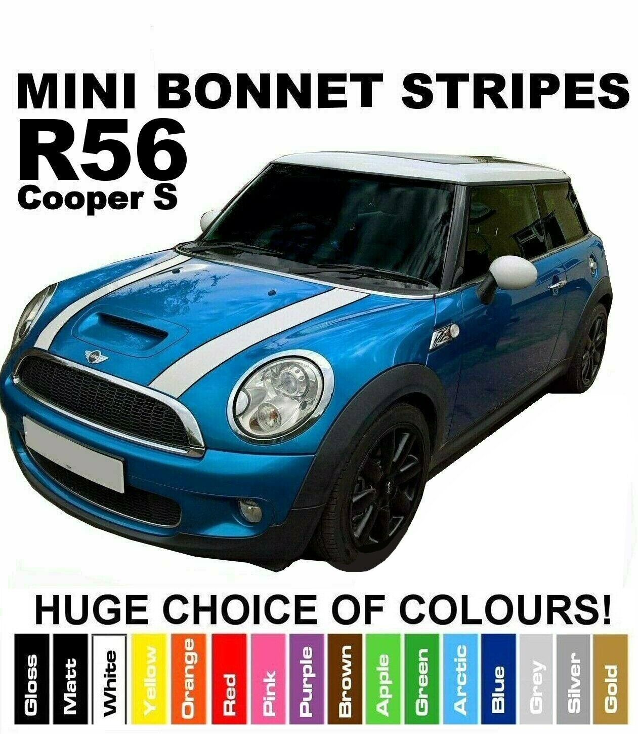 Mini R55, R56, R57 Cooper S Bonnet Stripes with Pinstripe Self Adhesive Vinyl Pre-Cut to Exact Size and in a Wide Choice of Colours_1